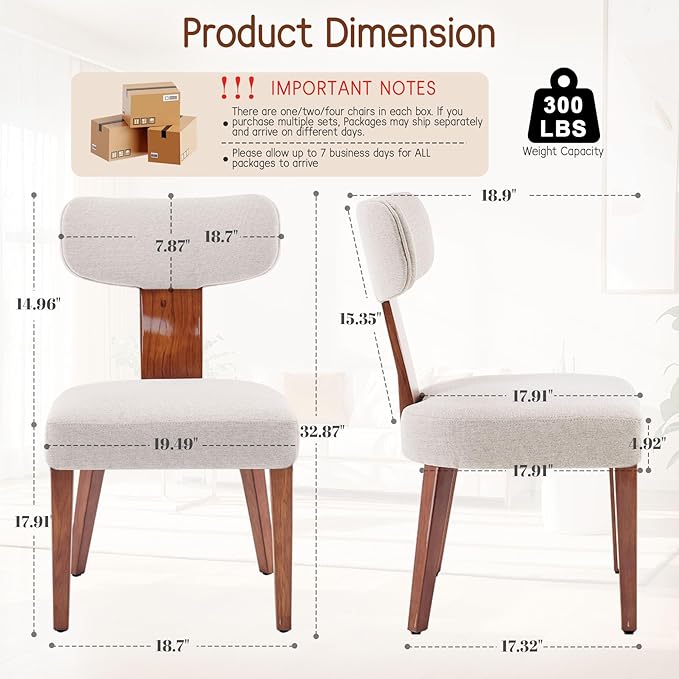 Dining Chairs Set of 5, Mid-Century Modern Upholstered Kitchen Chairs with Curved Backrest and Linen Fabric Seat, Wood Leg Accent Chairs for Dining Room, Living Room, Bedroom, Linen Beige