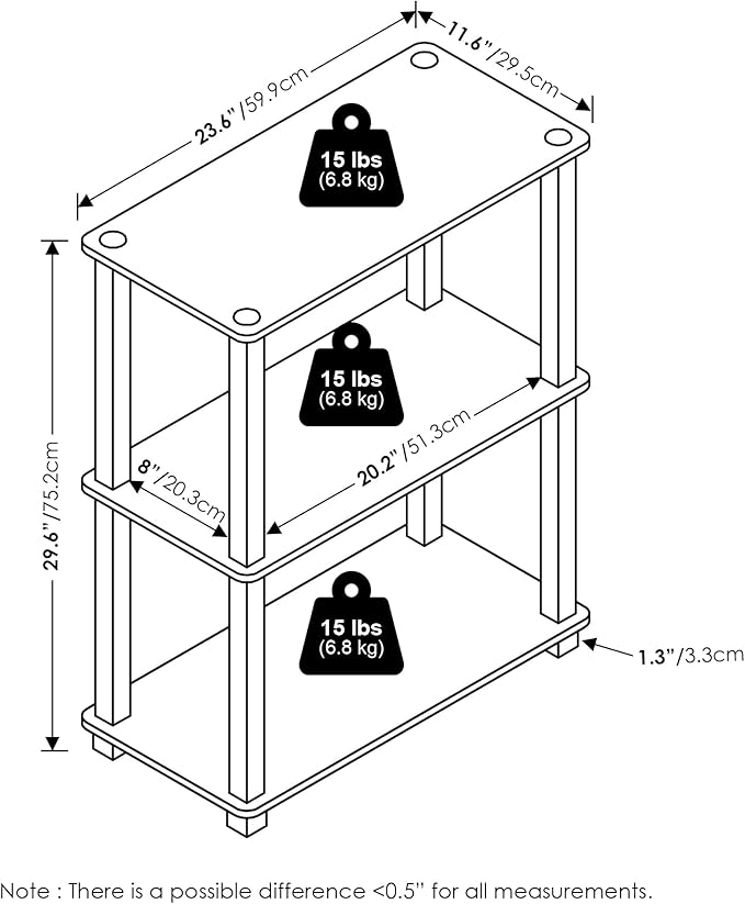 Furinno Turn-S-Tube Storage Shelves Set of 2, 3-Tier Book Shelf, Corner Shelf, Toolless Open Shelves, Square Tubes, for Organization and Storage, Living Room, Garage, Home Office, Black Walnut