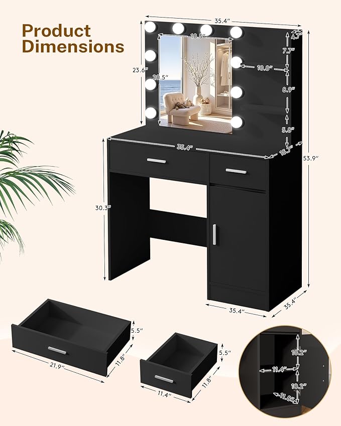Lighted Makeup Vanity Desk, 35.4”W x 15.7“D x 54”H, Black (with Lights and Mirror, Dimming Function, 2 Drawers and 1 Cabiniet, Open Shelves)