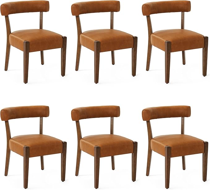 Faux Leather Dining Chairs Set of 6 Upholstered Kitchen & Dining Room Wooden Chairs Mid Century Modern Dining Chairs Low Back, Brown