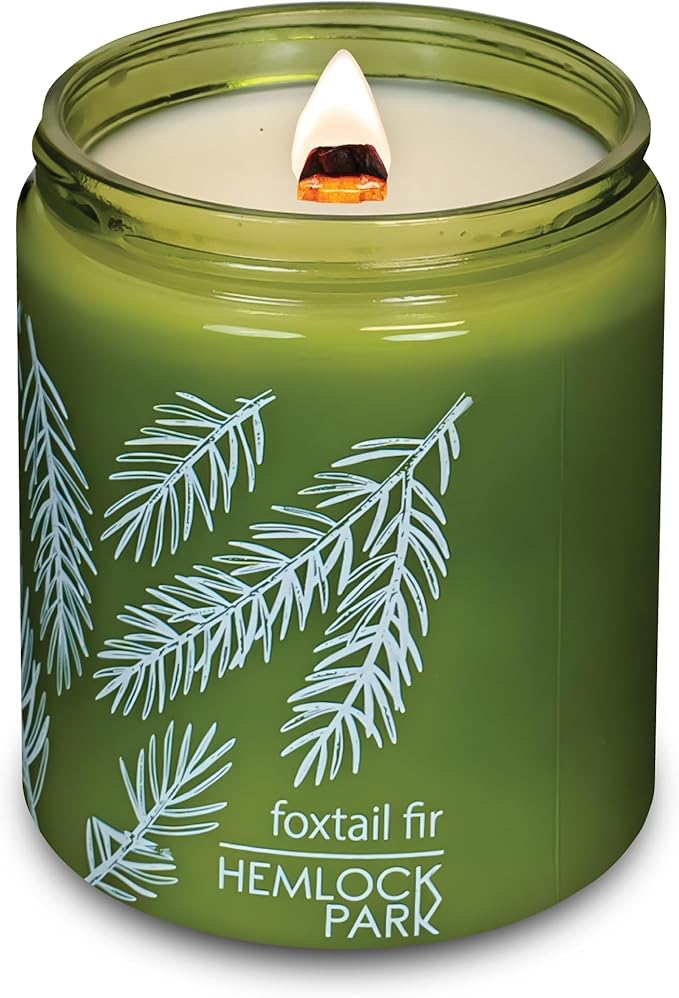 Hemlock Park Green Glass Wood Wick Candle Handcrafted with Natural Coconut Wax (Standard 8 oz, Foxtail Fir)