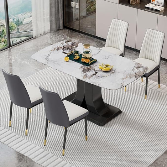 Modern Marble Dining Table Set for 4 - Rectangular Kitchen Table With PU Leather Upholstered Chairs for Dining Room (Off White-C, White)