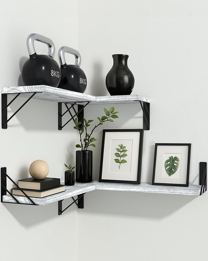 BAYKA Wall Shelves for Bedroom Decor, Floating Shelves for Living Room Kitchen Storage, Wall Mounted Rustic Wood Floating Shelves for Kids Books, Corner Shelf for Bathroom(Gray White，Set of 4)