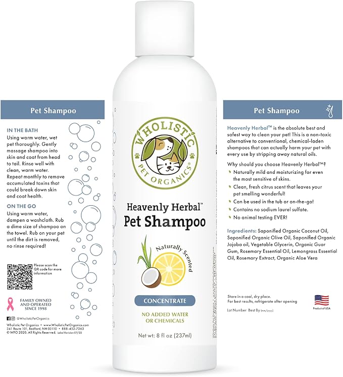 Wholistic Pet Organics Pet Shampoo Concentrate: Heavenly Herbal Organic Dog Shampoo and Conditioner - All Natural Puppy and Cat Shampoo for Dry, Itchy Skin, Allergies, Dandruff