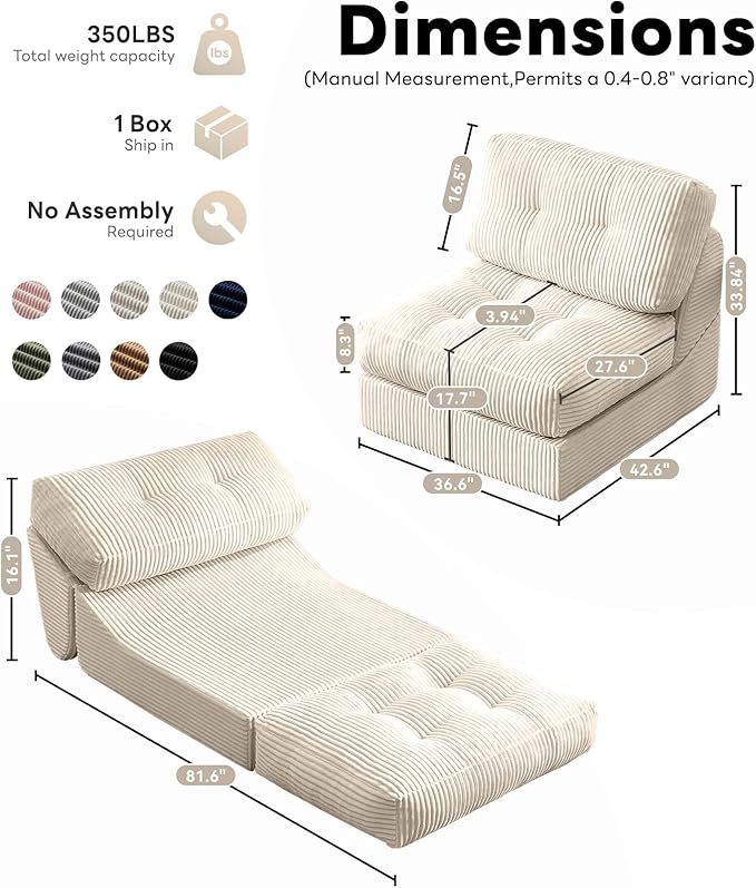 Tbfit 35.8‘’ Oversized Folding Sofa Bed, Convertible Sleeper Chair with Adjustable Back, Corduroy Folding Couch Bed, Portable & Foldable Mattress Boneless Floor Sofa for Living Room, Bedroom, White