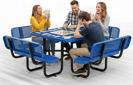 Metal Picnic Tables for Outdoors with Umbrella Hole - Coated Steel Heavy Duty Commercial Grade Furniture with Adjustable Seats (Blue, 46 in, Square with Back, Expanded Steel)