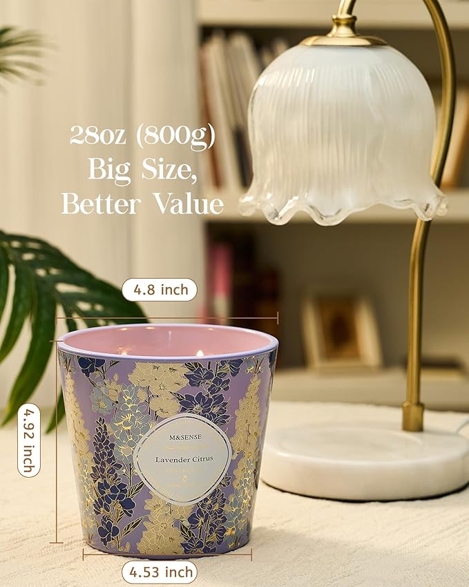 M&SENSE Lavender Citrus Scented Candle, 28.2oz 3 Wick Natural Soy Wax Large Candles, Long Lasting Clean Slow Burning No Toxic Décor for Home Relaxation, Romantic Dates & Gift-Giving