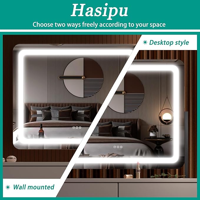 Hasipu Vanity Mirror with Lights, 24.2" x 18.9" LED Make up Mirror, Light up Mirror with 10X Magnification and USB Charging Port, Phone Holder, Smart Touch 3 Colors Dimmable, 360° Rotation (Black)