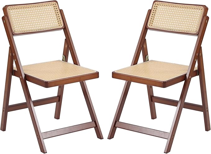 Tiita Rattan Dining Chairs Set of 2, Mid Century Modern Folding Chair, Bamboo Folding Dining Chairs for Small Space, Dining Room, Living Room, Bedroom, Walnut