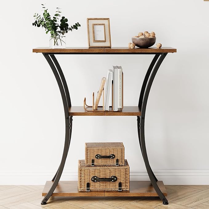 Rustic 3-Tier Console Table with Open Shelves Narrow Entryway Table with Curved Metal Frame Slim Sofa Table for Hallway Living Room or Foyer (Rustic Brown)