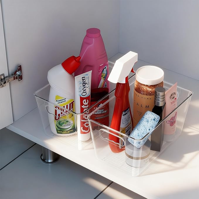 Clear Pantry Organizer Bins, Storage Containers & Plastic Containers with Handle, Cabinet Organizer, Home Organization Must Haves for Kitchen, Laundry Room, Office, Closet & Freezer (6 Pack)