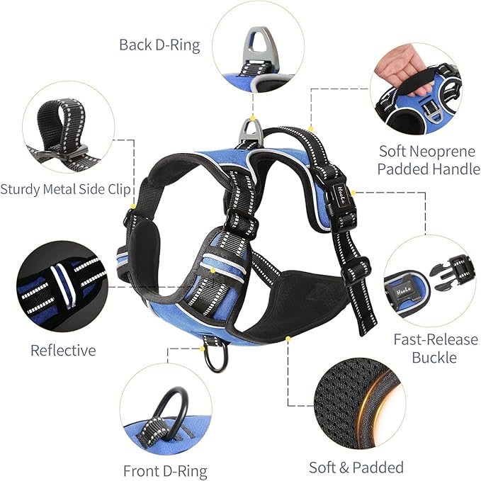 HEELE Dog Harness, No Pull Adjustable Padded Reflective Harness for Small Medium Large Dogs with Handle for Walking Training, Blue, M