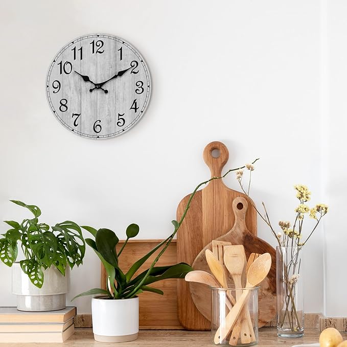 HYLANDA Wall Clock 12 Inch, Grey Wall Clocks Battery Operated Silent Non Ticking, Vintage Rustic Wooden Clocks Decorative for Kitchen Bathroom, Living Room, Bedrooms, Dining Room, Office (12")