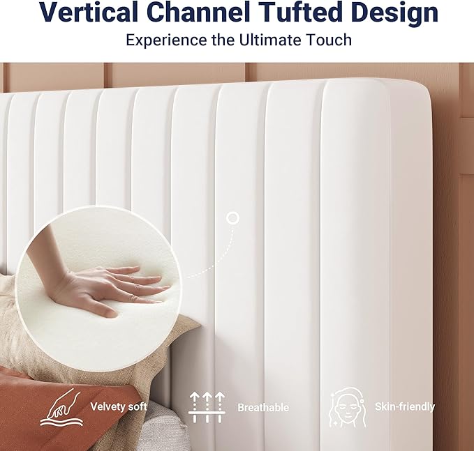 Allewie Twin Bed Frame, Velvet Upholstered Platform Bed with Adjustable Vertical Channel Tufted Headboard, Mattress Foundation with Strong Wooden Slats, Box Spring Optional, Easy Assembly, Off-White