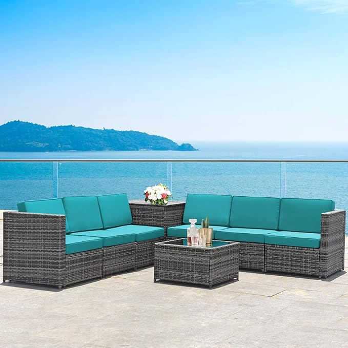 HAPPYGRILL 8-Pieces Patio Furniture Set Outdoor Rattan Conversation Set with Storage Box Sectional Wicker Sofa Set with Coffee Table and Cushions for Garden Backyard