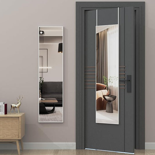 ANYHI Over The Door Mirror, 47" x 12" White Door Mirror Full Lenth, 2 Hooks, Door Mount or Wall Mount, for Bedroom, Living Room, Bathroom