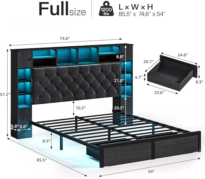 Full Size Bed Frame with Bookcase Headboard and Storage Drawers, 51.2" Metal Platform Full Bed Frame with Charging Station and LED Lights, Velvet Upholstered Tufted Bed Frames, Black
