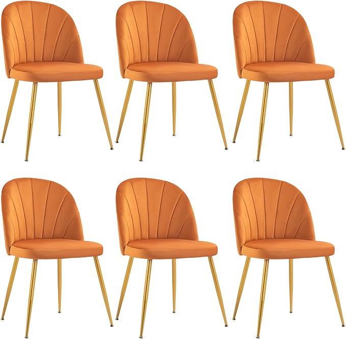 Velvet Dining Chairs Set of 6, Upholstered Mid Century Modern Dining Chairs, Armless Accent Chair with Metal Gold Legs for Living Room, Kitchen, Dining Room, Orange