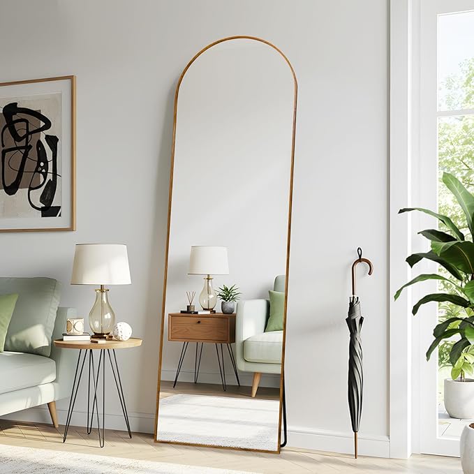 Arched 19x57 Inch Full Length Mirrors Aluminium Frame in Classic Yellowish Brown Wood Looking Free Standing Floor Mirror Full Body Wall Mounted for Bedroom Living Room and Hallway