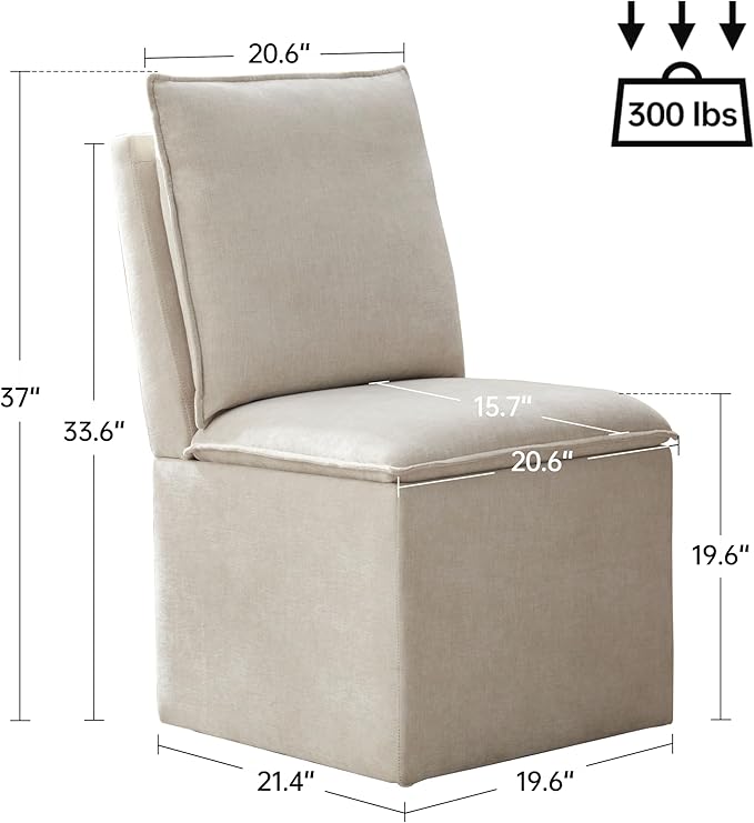 VKNOW Upholstered Dining Chairs, Modern Rolling Chairs with Storage and Wheels, Linen Armless Chair with Cushion and Backrest, Dining Room Chairs for Living Room Kitchen Bedroom, Beige