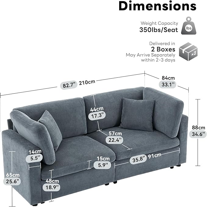 Tbfit Loveseat Modular Sectional Couch, Oversized 82" Comfy Cloud Sofa for Bedoom, Living Room, Washable Cover, Grey