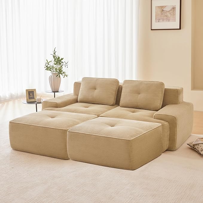 80" Modern Compressed Boneless Love Seat Couches with 2 Ottomans, 2 Seater Large Sectional Couches for Living Room, Camel Corduroy Cloud Modular Sectional Sofa, Memory Foam, Deep Loveseat, No Assembly