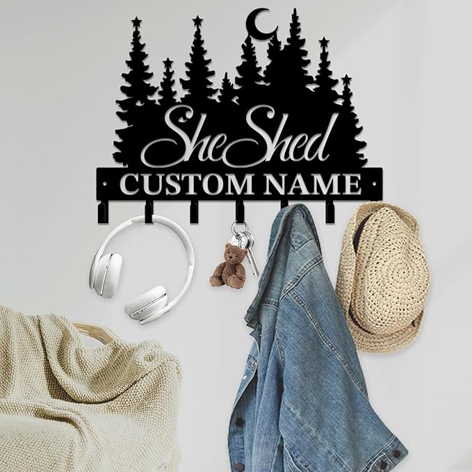 Personalized She Shed Keys Hooks,Custom Name Metal She Shed Art Keys Hooks,Metal She Shed Lover Wall Home Storage Decorative Keys Hooks,Key Holder Hooks for Wall (Style I)