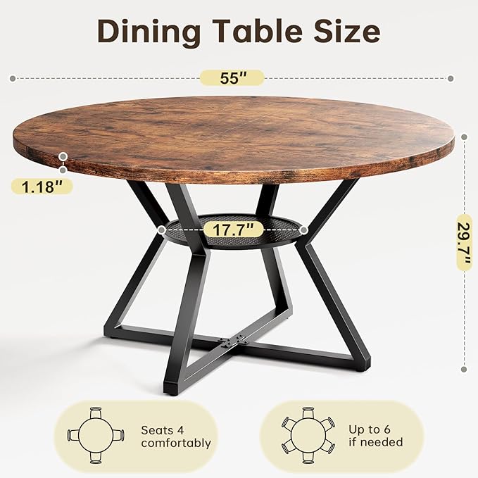 Concho 55" Round Table for 4-6, Circle Dining Dinner Table with Pedestal Metal Frame, Space Saving Wood Kitchen & Dining Room Furniture, Rustic Brown