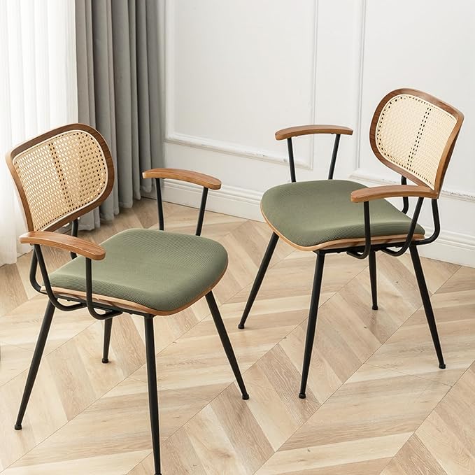 Rattan Dining Room Chairs Set of 2,Mid Century Modern Kitchen Side Chairs,Metal Legs Desk Chairs,Green Modern Corduroy Fabric Accent Chairs with Arms and Rattan Backrest