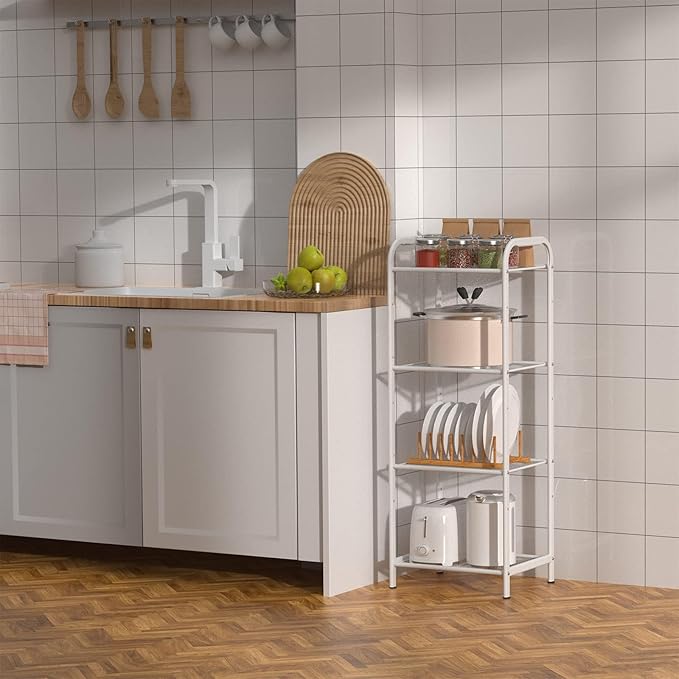 MAX Houser Storage Rack with Shelf,Industrial Style Extendable Plant Stand, Standing Shelf Units for Kitchen, Bathroom, Office,Living Room, Balcony, Kitchen (White, 4 Tier)