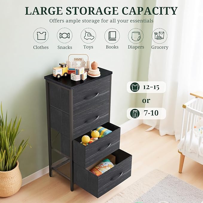 Nightstand, 4 Drawer Dresser End Table Bedside Furniture with Wooden Top Steel Frame Fabric Bins for Bedroom, Closet, Entryway, Dorm, Living Room, Charcoal Black