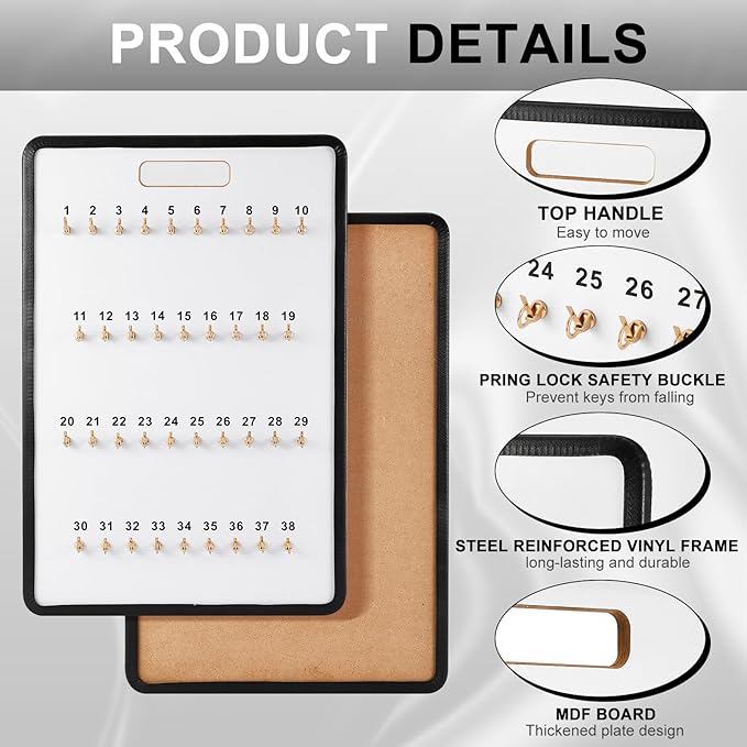 Key Hook Board Rack with 40 Pcs Plastic Tags Set 23.4 x 15.5 Inch Key Holder Wall Mount with 38 Hooks Self Closing Tabs Colored Labels for Car Hotels Office House Storage Organization