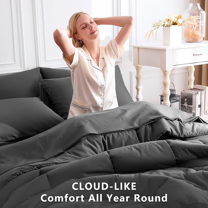 CozyLux Queen Comforter Set Dark Grey, 7 Pieces Bed in a Bag, Dark Gray Comforter Queen Size, All Season Bedding Sets with Stitch Quilted Comforter, Flat Sheet, Fitted Sheet, Pillowcases