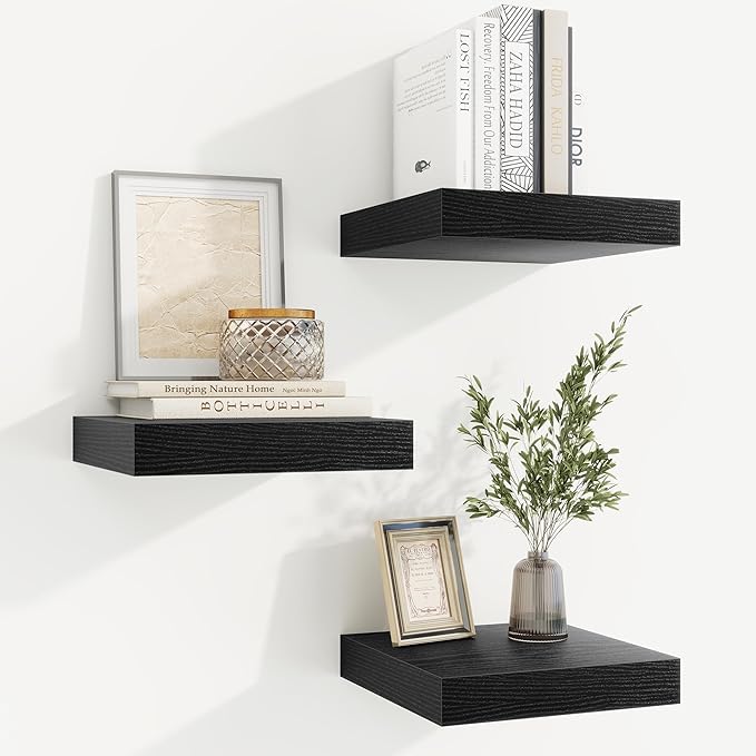 fuqing Floating Shelves for Wall, Wall Mounted Wood Floating Shelf with Invisible Brackets for Living Room, Bathroom, Bedroom, Kitchen Storage and Decor,6.5 Inch Set of 3, Black