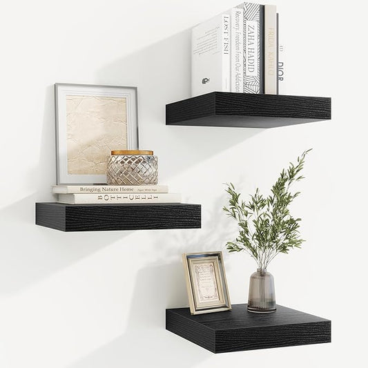 fuqing Floating Shelves for Wall, Wall Mounted Wood Floating Shelf with Invisible Brackets for Living Room, Bathroom, Bedroom, Kitchen Storage and Decor,6.5 Inch Set of 3, Black