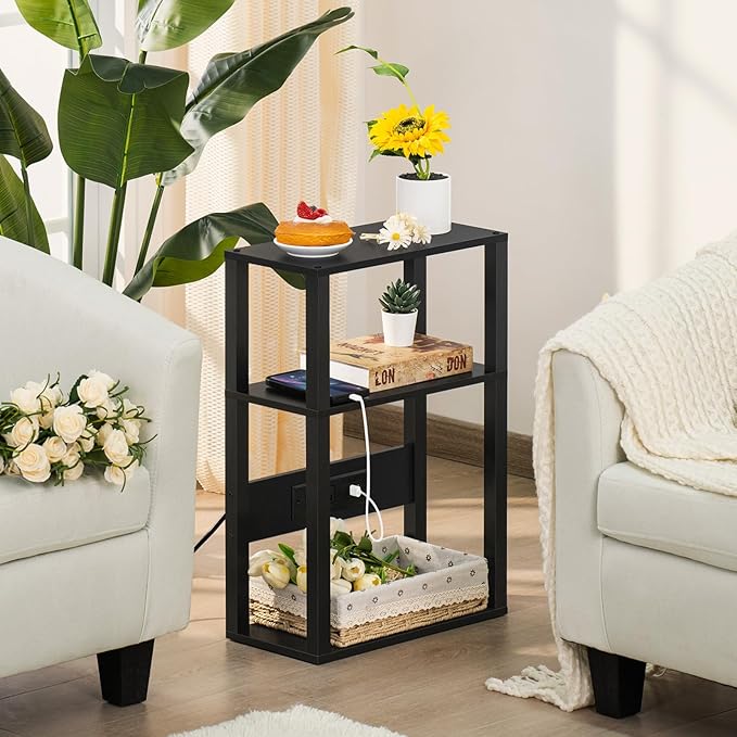 3-Tier Small Narrow Wood Side Table with Charging Station, Skinny Nightstand for Small Space, Slim Bedside Table with Storage for Couch, Thin End Table with USB Ports and Outlets, Black