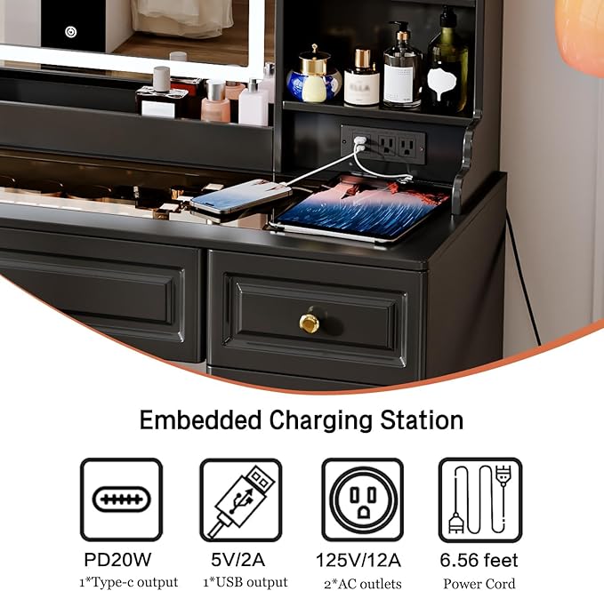 43" Makeup Vanity Desk with Mirror and Lights, & Power Outl, Glass Top Big Vanity Table with 9 Drawers& 8 Storage Shelves, Dressing Table Set with Chair for Bedroom, Black