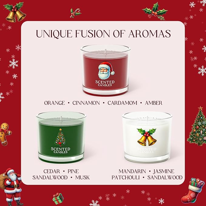Christmas Candles, Scented Candles Gift Set for Stress Relief, 3 Votive Candles for Women and Men, Christmas Candle Gifts for Women (Red + Green + White, 7 oz)