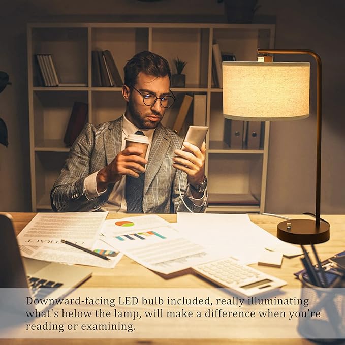 Table Lamps Set of 2, Fully Dimmable Bedside Lamp with USB C+A Charging Ports, Modern Nightstand Lamps with Linen Fabric Shades, Tall Desk Lamp for Bedroom, Living Room, Office, LED Bulb Included