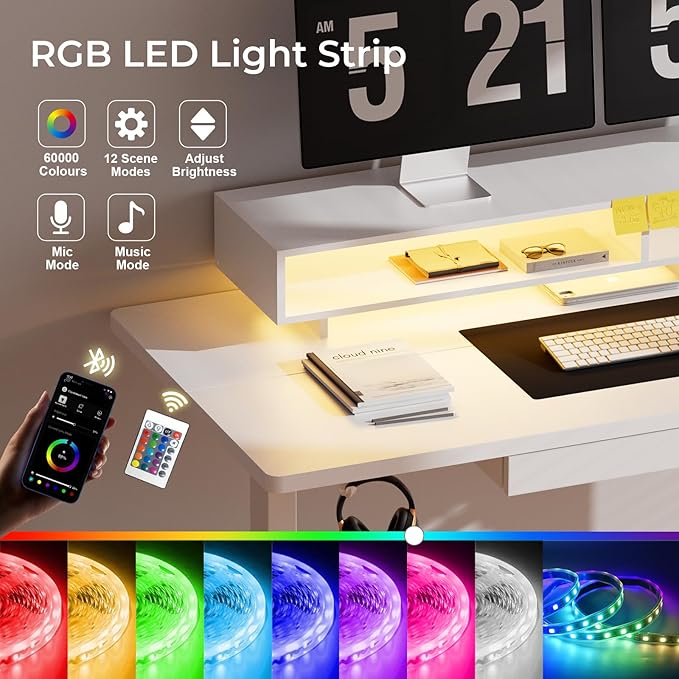 GTPLAYER Electric Standing Desk with Drawers, 48 x 24 Inch Height Adjustable Gaming Desk with Monitor Stand, Power Outlets & LED Lights, Home Office Sit Stand Up Desk with Memory Preset (White)