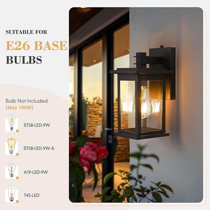 Emliviar Dusk to Dawn Outdoor Porch Light Outdoor Lighting Photocell Sensor, Matte Black Outside Wall Light with Clear Glass, Anti-Rust,1803EW1-PC BK