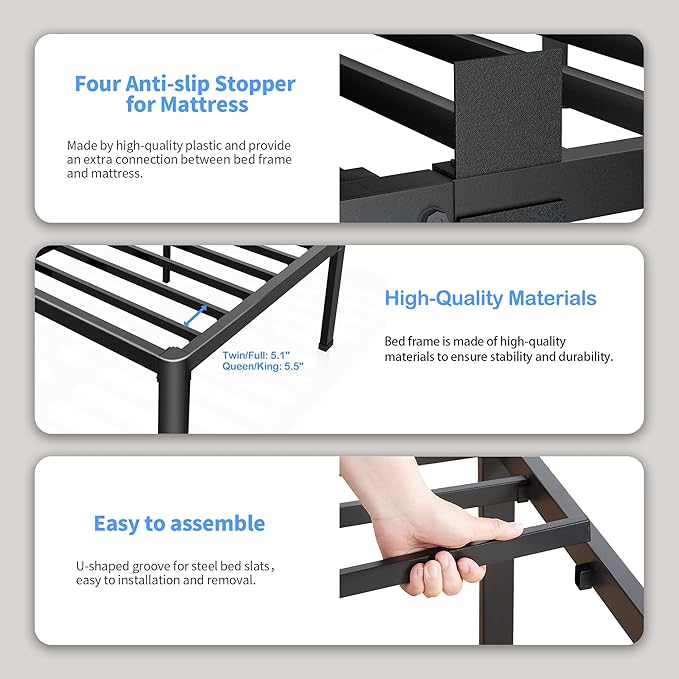 ROIL 16 Inch Queen Bed Frame with Rounded Corner and Headboard Hole Mattress Retainers 3500LBS Metal Heavy Duty Steel Slats No Box Spring Needed Platform Noise-Free Easy Assembly