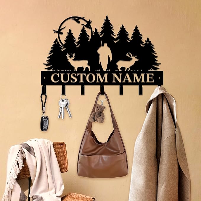 Personalized Custom Name Hunting Deer Wall Key Hooks,Metal Hunting Art Clothes Hooks,Metal Hunting Wall Home Storage Decorative,Hunter For Front Door, Hallway, Kitchen, Bedroom,Keys,Hats (Style G)