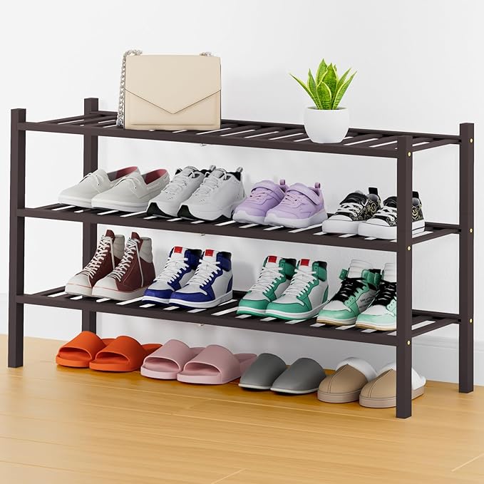 Smiry Shoe Rack, 3 Tier Thick Long Bamboo Shoe Organizer, Stackable Free Standing Wooden Shoe Storage Shelf for Closet, Entryway, Front Door Entrance, Brown