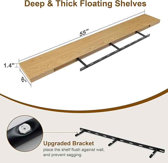Fun Memories Floating Shelves 55 Inch Long, 8 Deep Floating Shelves for Wall, Large 55 x 8 Display Shelves for Living Room, Kitchen, Wood Deep Wall Shelves for Home Storage, Oak Color, 1 Pack