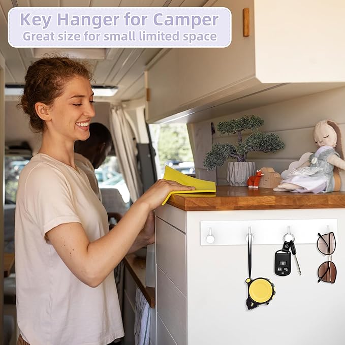 VIS'V Key Holder Wall Mount, Large Metal Self Adhesive Key Hanger with 4 Hooks, No Drilling, Extra Adhesive Strip, White