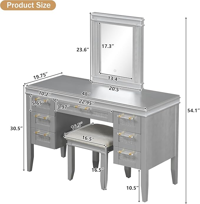 Merax 48" Vanity Desk with Mirror and Lights, Makeup Vanity with 7 Drawers and Cushioned Stool, Classic Finish Dressing Table with Hollow Design Drawer for Bedroom, Rubber Wood Legs, Grey-Blue
