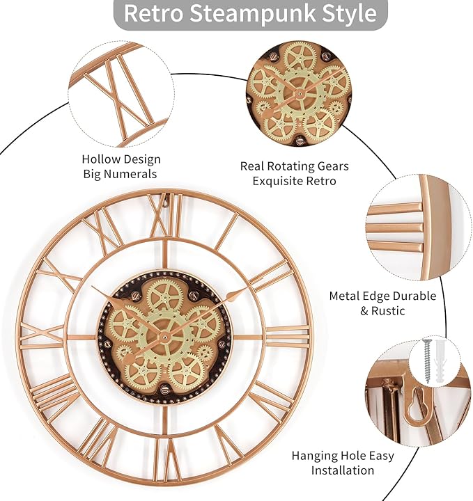 24 Inch Large Wall Clocks for Living Room Decor with Moving Gears,Large Wall Clock Industrial Steampunk,Oversized Metal Analog Wall Clocks for Farmhouse Home Battery Operated