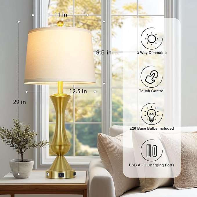 29" Tall Gold Table Lamps Set of 2 for Living Room, Touch Control Bedroom Lamps for Nightstand, 3-Way Dimmable Bedside Lamp with USB A+C Port &AC Outlets(2 LED Bulbs Included)