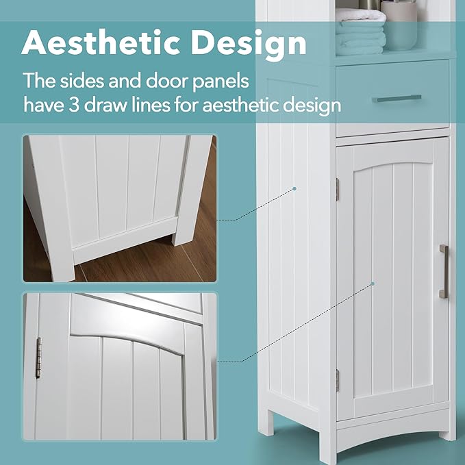 Tall Bathroom Storage Cabinet - 13" Narrow Slim Cabinet with Adjustable Shelves & Anti-Fall Drawers, Freestanding Linen Closet Organizer (Matte White & Grey Top, 64" Tall Cabinet with Doors)